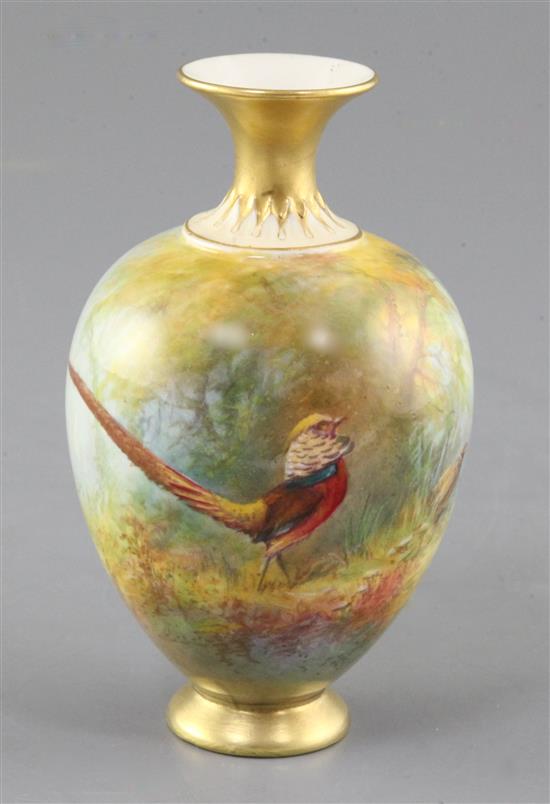 Sedgley for Royal Worcester. A golden pheasant painted small ovoid vase, date code for 1929, height 13cm